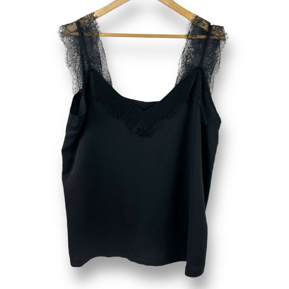 Women's 2X LaceβStrap Camisole Tank Black Crepe Elevated Basic Evening Party Top